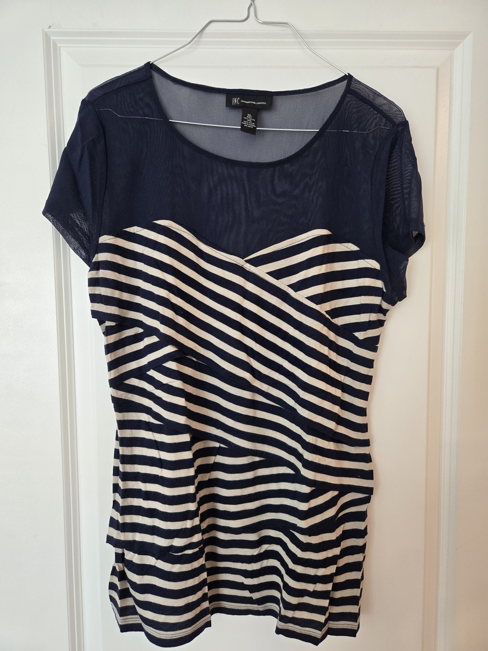 INC International Concepts Navy and Cream Striped Short Sleeve Top
